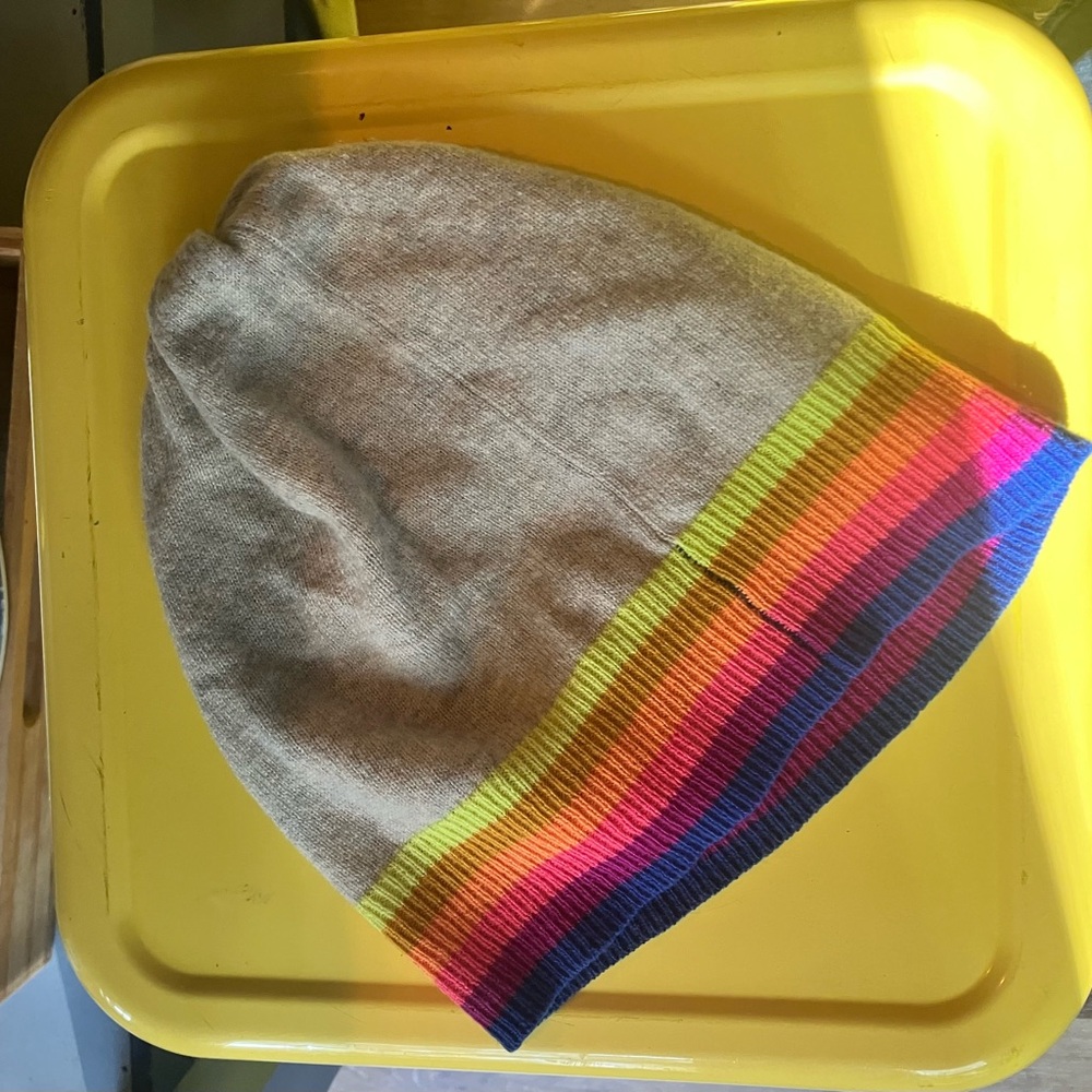 💓 Brodie fine cashmere beanie hat cap grey purple pink orange tan stripe SALE